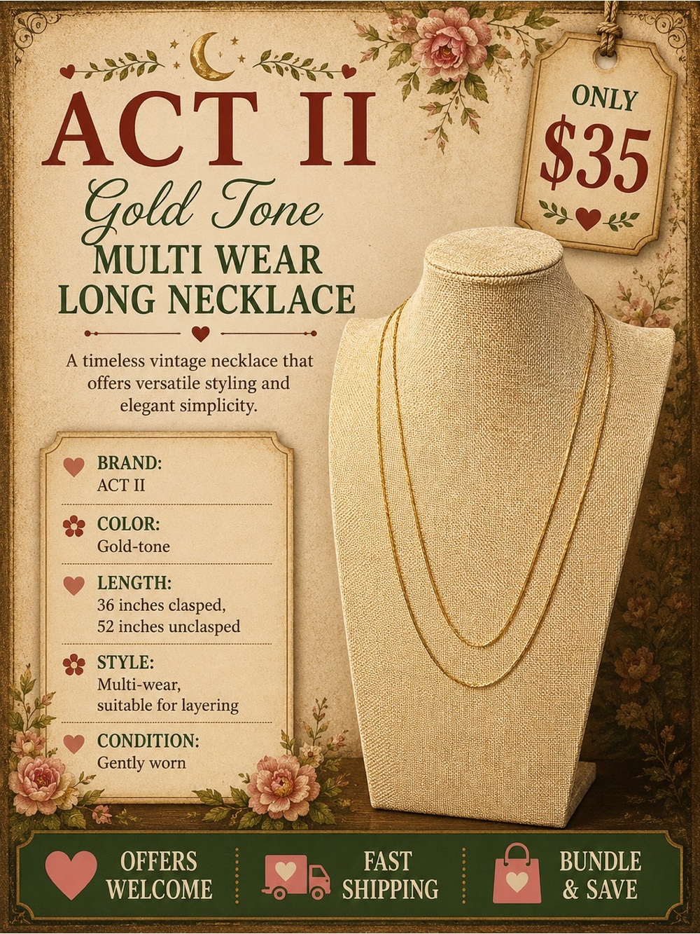 Vintage ACT II Gold Tone Long Necklace Multi-Wear